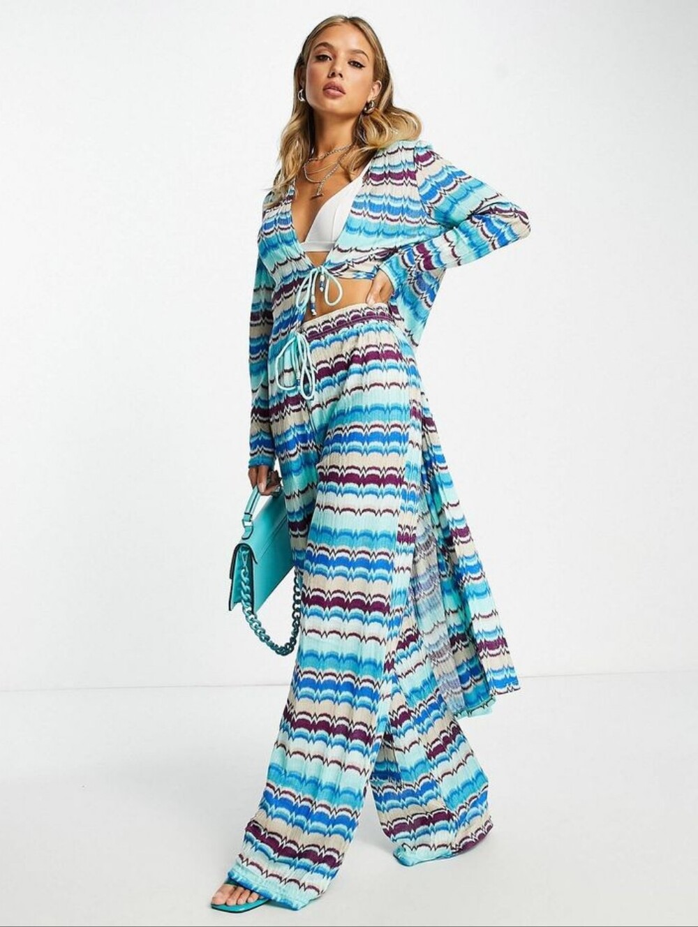 BN River Island zigzag knit wide leg beach pants and cover-up set in blue
